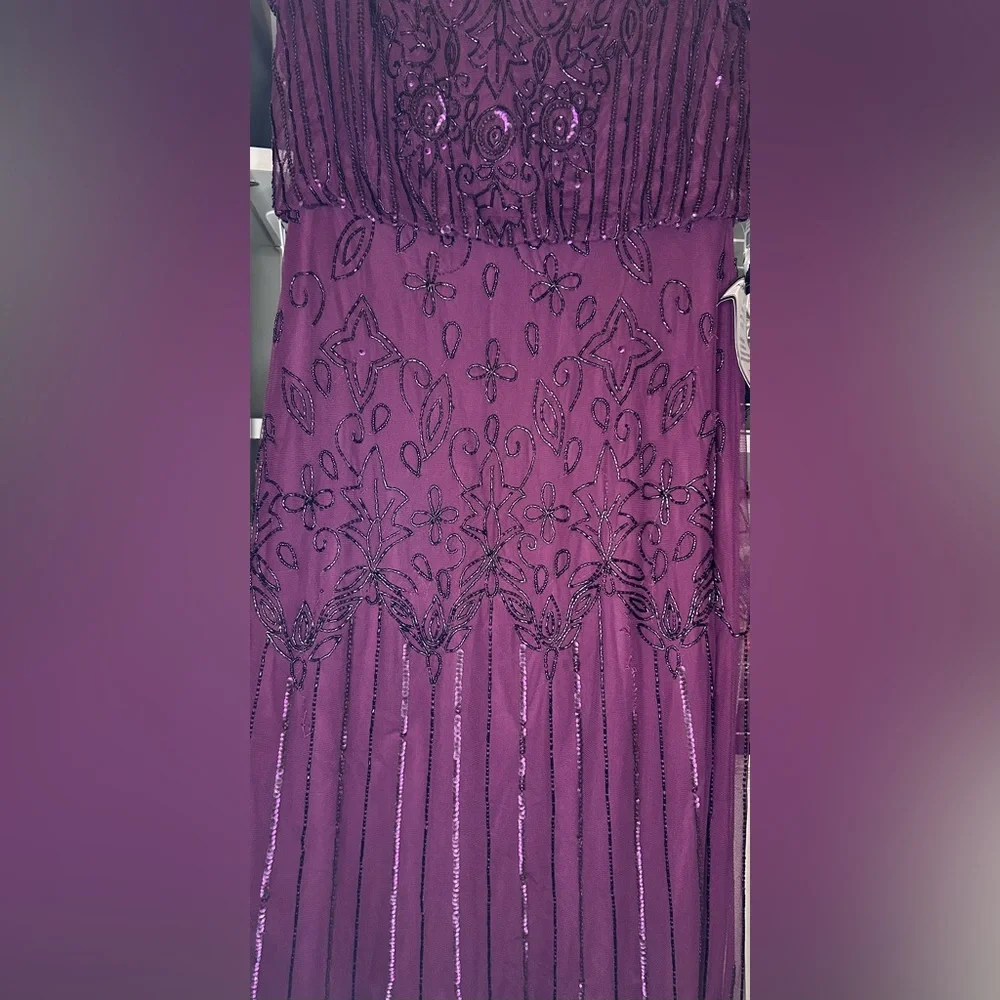 Adrianna Papell Plum Beaded Short-Sleeve Maxi Gown Size 6 Missing Sequins NWT